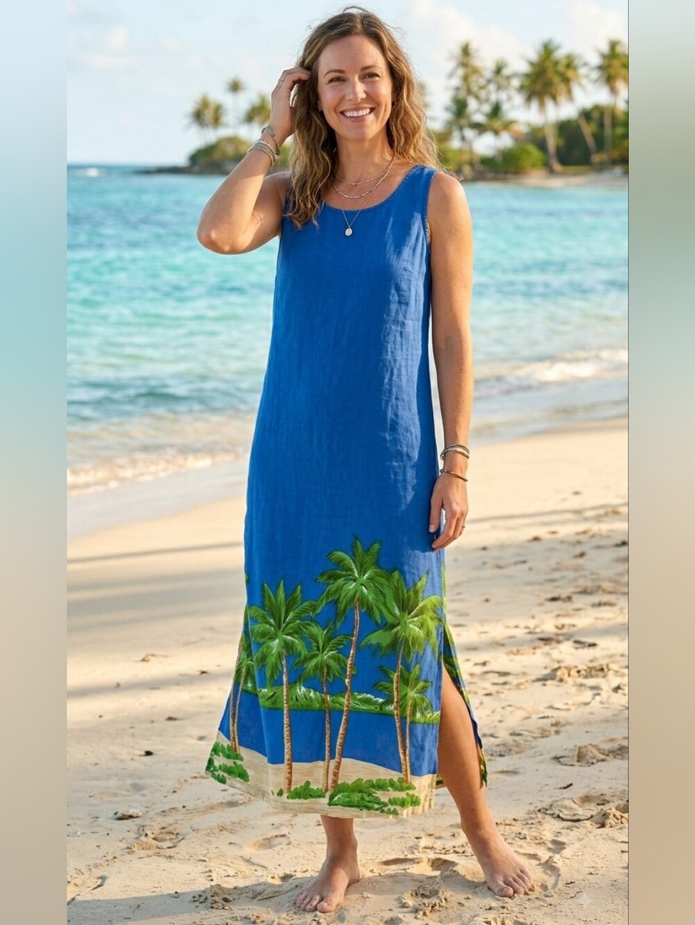 Vintage Jessica Blue Palm-Print Vacation Beach Sleeveless Resort Maxi Dress L
